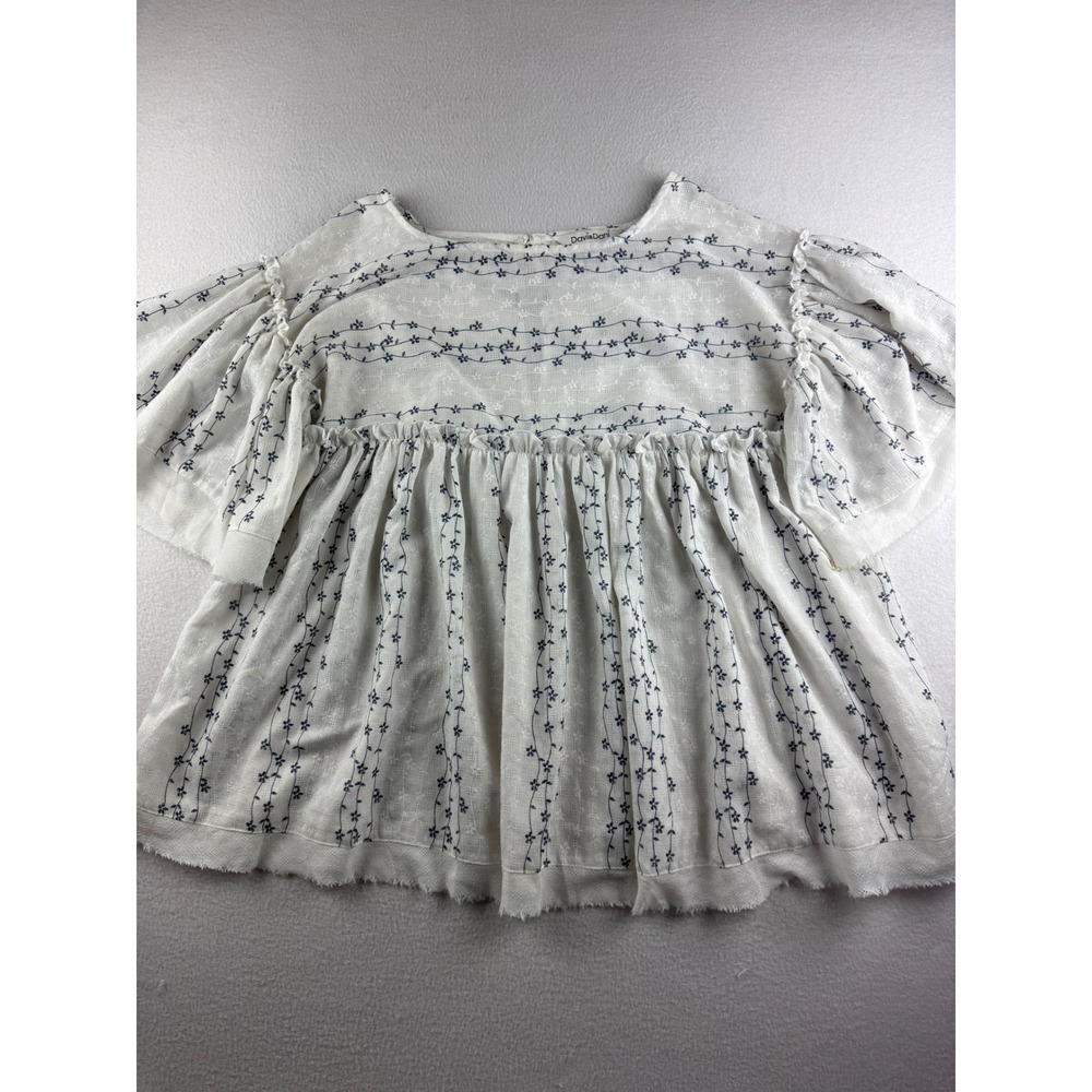 Davi & Dani White Blue Floral Babydoll Top Ruffle Sleeve Boho Blouse Small